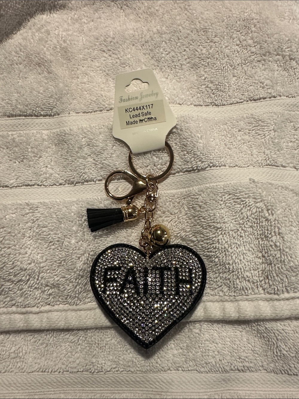 FAITH Black Rhinestone Heart Keychain with Tassel